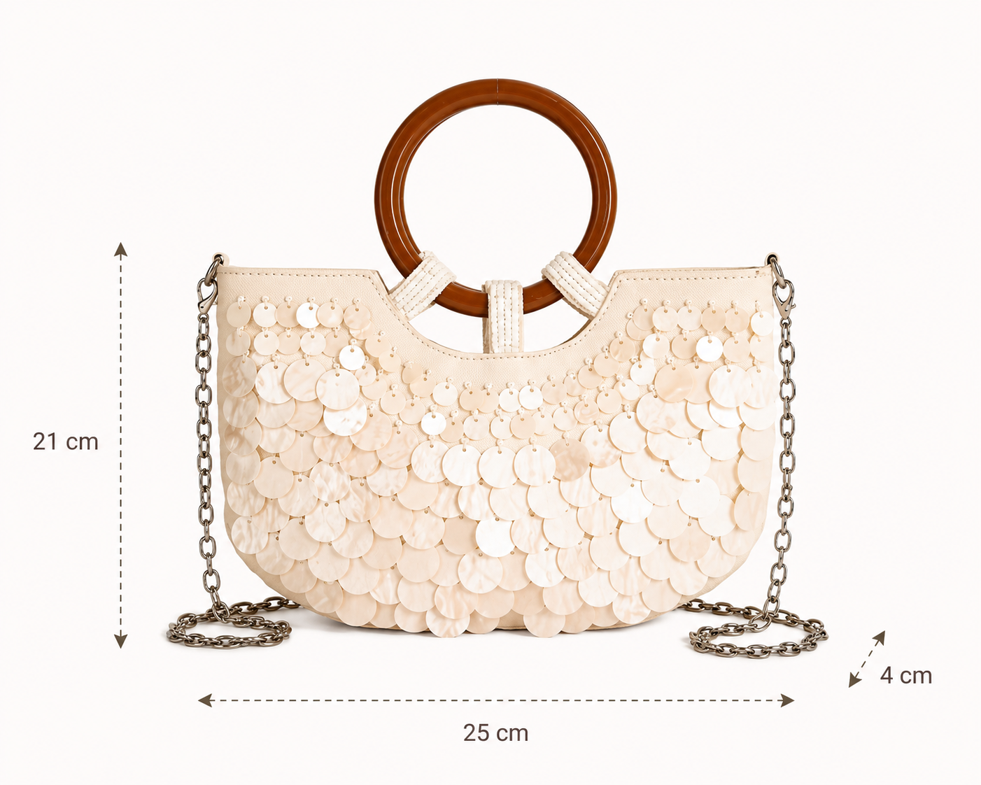 Dimension sac corail femme à sequins blanc crème