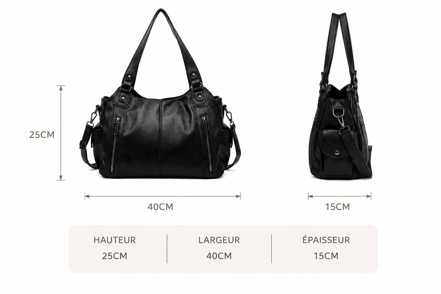 Grand sac cabas noir pour femme avec plusieurs compartiments, pouvant accueillir un ordinateur portable, une tablette et les essentiels du quotidien.