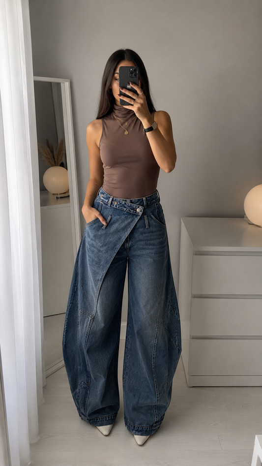 Le jean combine une coupe ballon flatteuse et une doblure jean, ultra tendance. Un indispensable pour un look casual chic, à porter aussi bien en journée qu'en soirée.